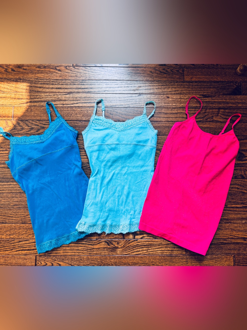 Justice Girls 3-Pack Lace Trim Camisoles - Bright Pink, Aqua, Teal